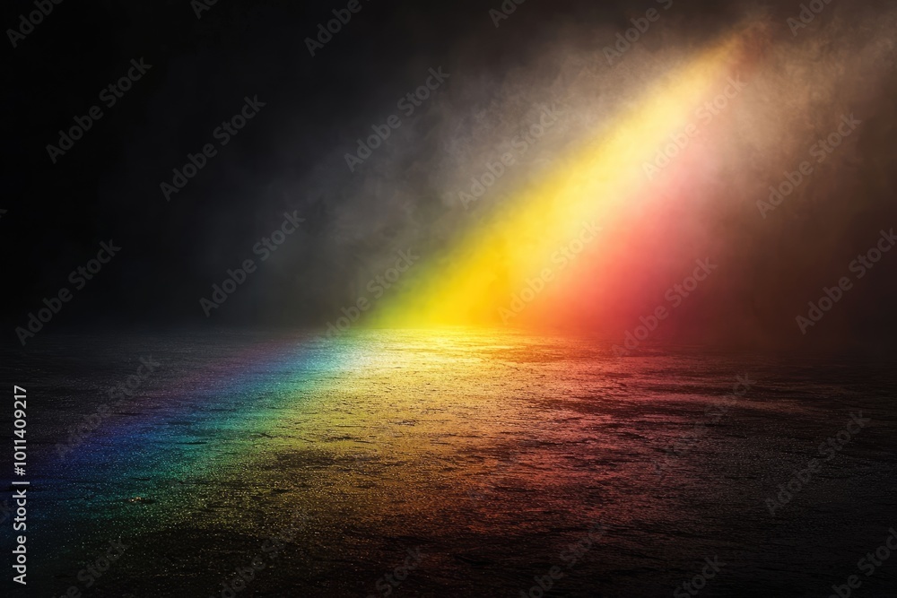 A rainbow light beam cutting through a dark background, creating contrast and depth A rainbow light beam cutting through a dark background, creating contrast and depth