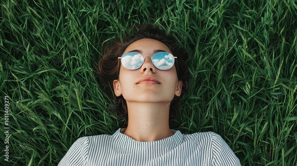 A person lying in a field of grass, staring up at the clouds, daydreaming on a peaceful Sunday, Sunday daydreaming, relaxed life A person lying in a field of grass, staring up at the clouds, daydreaming on a peaceful Sunday, Sunday daydreaming, relaxed life