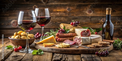 Romantic dinner setting with wine, cheese, and traditional sausages on a rustic table