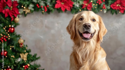 Golden retriever with a joyful expression, festive background with Christmas decorations.