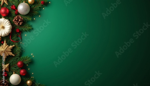 New Year's tree decorations on a green background. Ai generated , ai