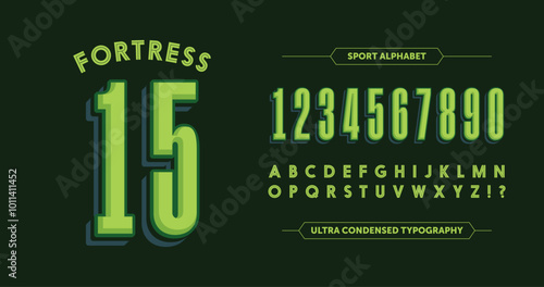 Fortress 15: Bold yellow numbers with a striking green outline. Hipster-inspired design featuring A-Z characters on a sleek black background. Perfect for standout, modern designs. Vector illustration.