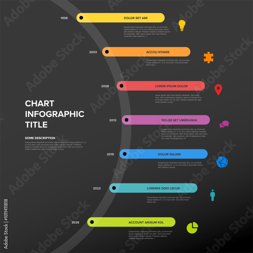 Simple timeline template made of rainbow color thick line segments on big circle. Multipurpose dark infochart template displaying main milestones or important stages on circle path.