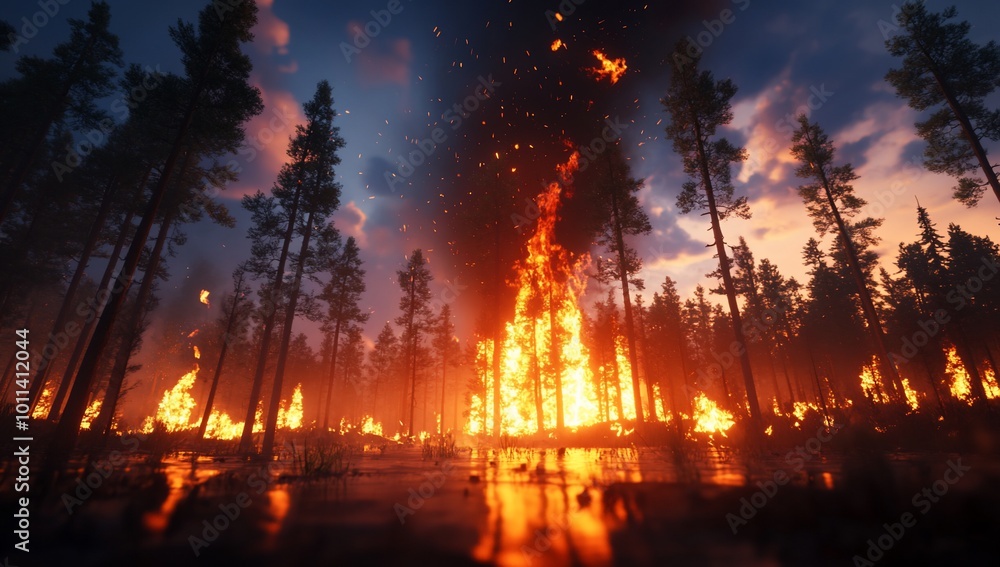 A forest engulfed in flames during a dramatic sunset. A forest engulfed in flames during a dramatic sunset.