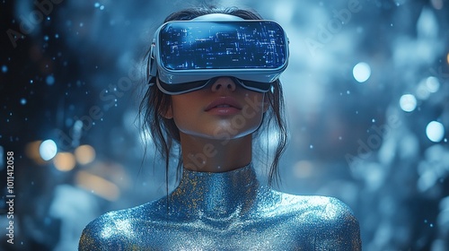 Woman Wearing Virtual Reality Headset in Futuristic Setting
