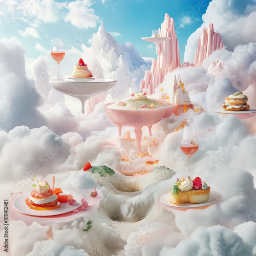 An ethereal landscape filled with floating dishes, dreamlike food presentations, magical culinary creations photo