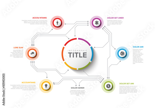 Simple Colorful Circular Infographic circuit Design Template with six element and big circle with title on the light background. Modern multipurpose infochart template