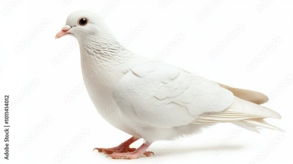 stunning dove showcases its soft white feathers and small beak, embodying the essence of serenity while standing gracefully against a white backdrop. stunning dove showcases its soft white feathers and small beak, embodying the essence of serenity while standing gracefully against a white backdrop.