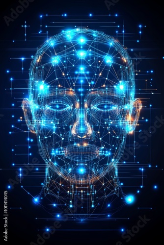 Digital Human Head on Blue Technology Background, Abstract Human Face in Lines, Dots, Triangles