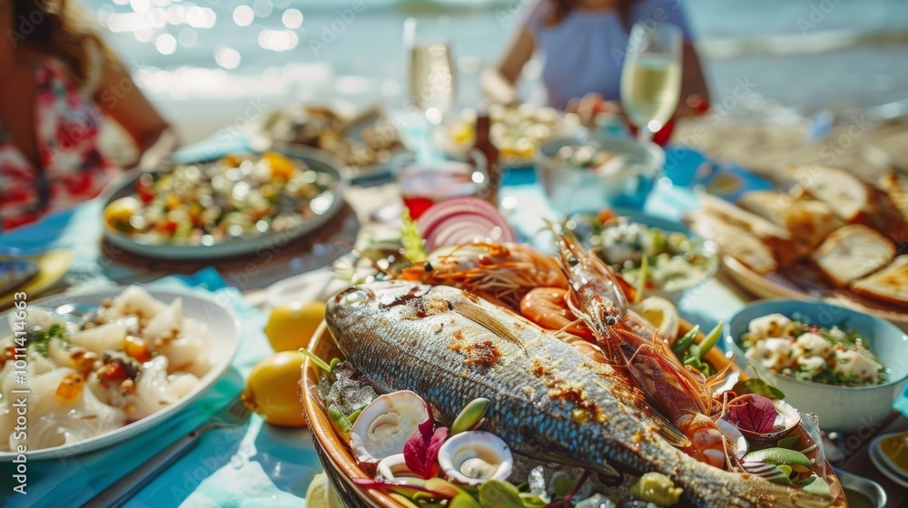 Fototapeta premium Delicious seafood feast by the beach with fresh fish, colorful salads, and refreshing drinks. A perfect dining experience by the ocean.