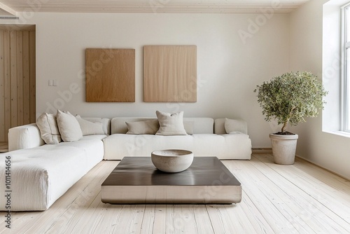 Modern Scandinavian interiors in the living room with beige-tone walls and sofas and interior accessories. Generative AI
