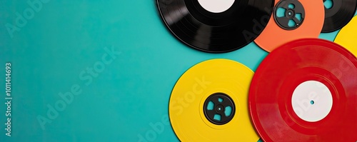 Colorful vinyl records on a vibrant backdrop, perfect for music enthusiasts and vintage collectors seeking retro-style imagery.