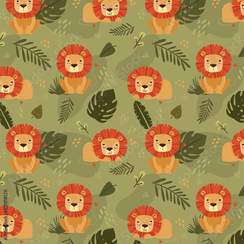 Cute lion doodle seamless pattern of funny safari animals on isolated background. Sweet jungle lions texture for baby design or children print.