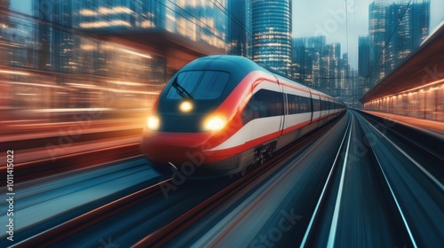 A high-speed train in motion passing through a futuristic cityscape at dusk, with skyscrapers in the background and vibrant lights..