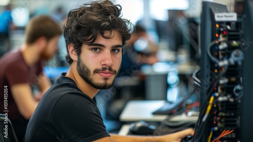 A young man with dark hair and beard working in the office of an IT company on a computer.