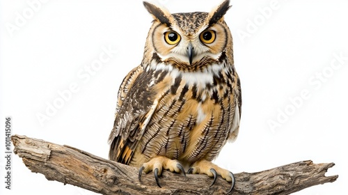 stunning Eurasian eagle-owl rests gracefully on a branch, showcasing its large, expressive eyes and distinctive feathered tufts. Its posture conveys both power and elegance.