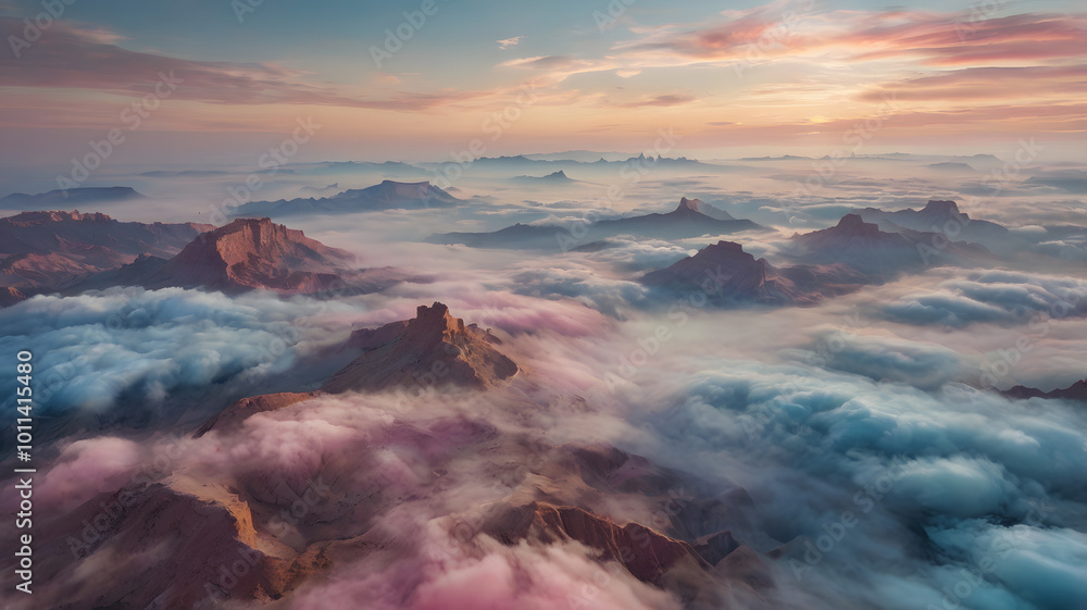 Fototapeta premium sunrise over the mountains, landscape with fog, mist over the river, soft