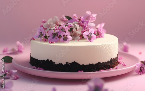 White cake with flowers on pink background. photo