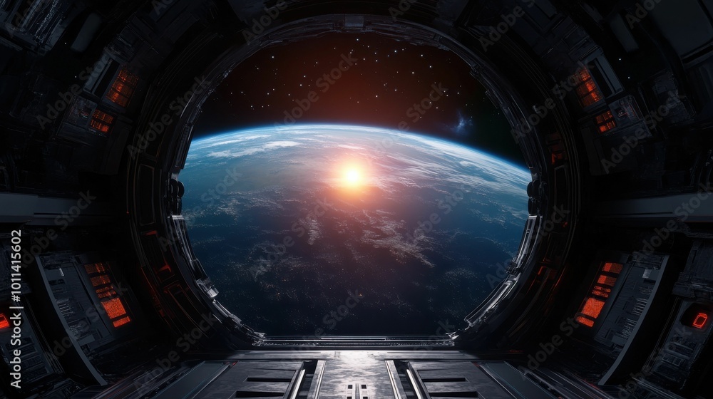 A breathtaking view of planet Earth from the inside of a space station, with the sun rising over the horizon, surrounded by stars in deep space.. A breathtaking view of planet Earth from the inside of a space station, with the sun rising over the horizon, surrounded by stars in deep space..