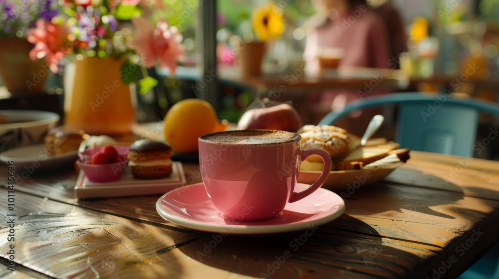 A warm cup of coffee on a sunny table with colorful snacks and flowers. Perfect for a cozy breakfast or afternoon break. A warm cup of coffee on a sunny table with colorful snacks and flowers. Perfect for a cozy breakfast or afternoon break.