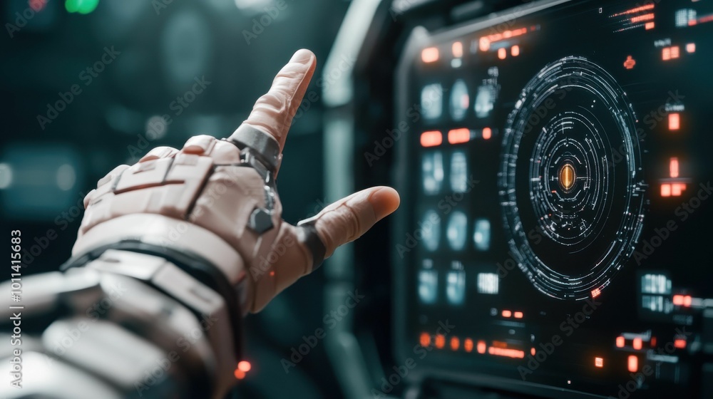 A close-up of a robotic hand in a futuristic space environment interacting with a digital interface, displaying a complex circular design on the screen.. A close-up of a robotic hand in a futuristic space environment interacting with a digital interface, displaying a complex circular design on the screen..