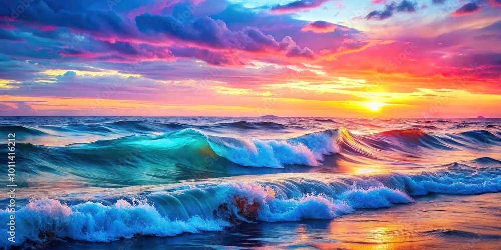Obraz premium Colorful ocean waves at sunset with pink and blue hues, vibrant watercolor seascape in evening light