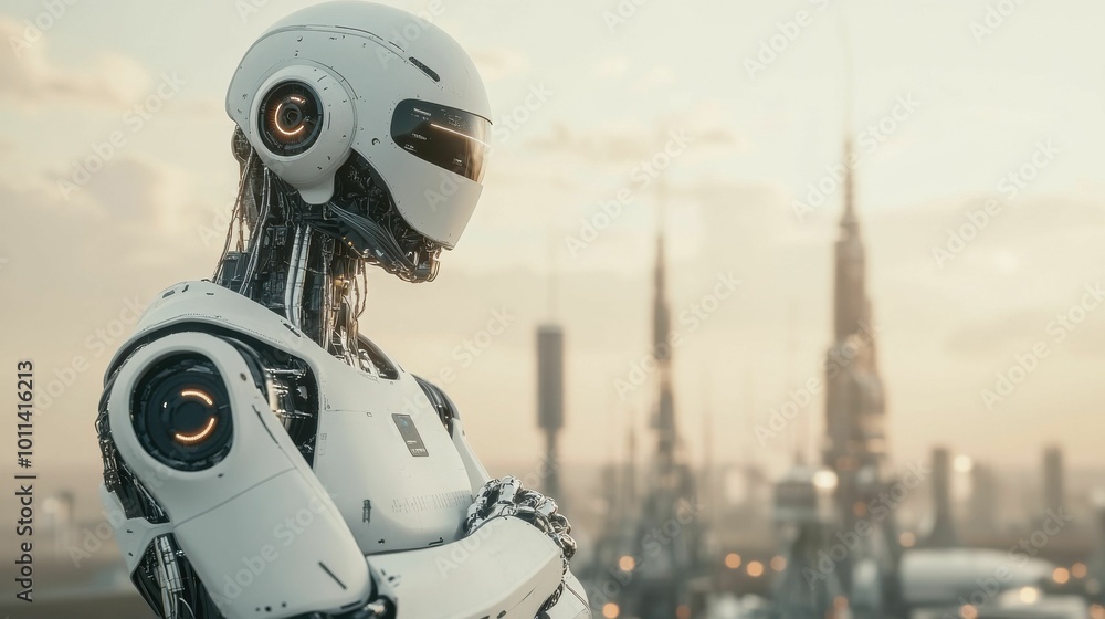 A futuristic robot standing with arms crossed, gazing at a distant city skyline in a desert-like landscape, representing technology and future innovation.. A futuristic robot standing with arms crossed, gazing at a distant city skyline in a desert-like landscape, representing technology and future innovation..