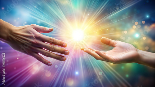 Two hands reaching towards a glowing orb of light in a cosmic atmosphere
