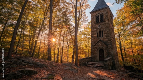 Heublein Tower in Talcott Mountain State Park captured in natural light with a wide-angle lens. Editorial style reminiscent of National Geographic. High-resolution landscape photography. photo