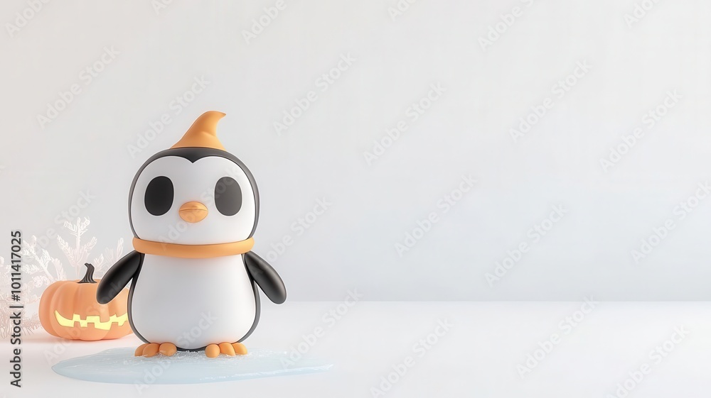 Obraz premium Ghost in a penguin costume in the bottom left corner, waddling on ice, with a light blue background for winter-themed Halloween illustrations