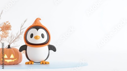 Ghost in a penguin costume in the bottom left corner, waddling on ice, with a light blue background   for winter-themed Halloween illustrations photo