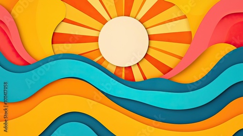 Vibrant paper cut landscape featuring a sun and colorful waves, ideal for summer themes and artistic backgrounds.