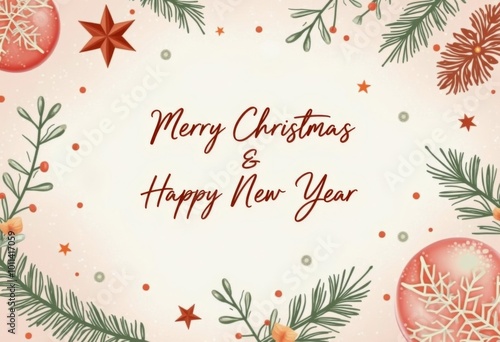 Mockup with Merry Christmas and New Year wishes surrounded by New Year decorations top view - Image