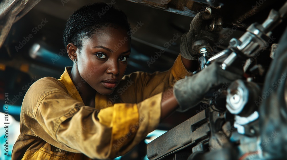 A dark-skinned African female mechanic with short hair, using a power tool to fix a truck's undercarriage. A dark-skinned African female mechanic with short hair, using a power tool to fix a truck's undercarriage.