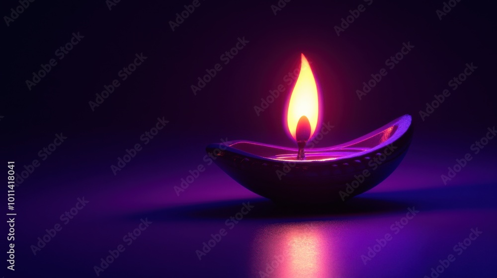 A glowing Diwali oil lamp with a bright flame on a dark purple background. A glowing Diwali oil lamp with a bright flame on a dark purple background.