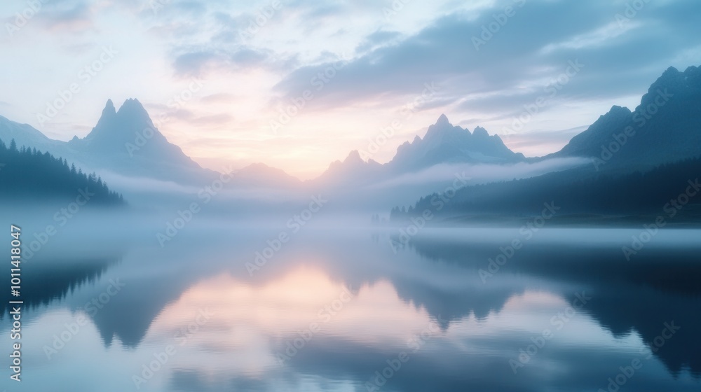 A serene landscape of a mountain lake at sunrise, with mist gently floating over the water and reflections of towering peaks, capturing the calm and beauty of nature A serene landscape of a mountain lake at sunrise, with mist gently floating over the water and reflections of towering peaks, capturing the calm and beauty of nature