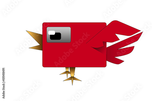 An isolated geometric, square-shaped, red bird graphic with a minimalist design. Vector illustration