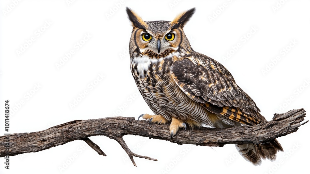majestic great horned owl sits elegantly on a rustic branch, its striking eyes and distinctive feather tufts visible. A captivating display of wildlife's beauty. majestic great horned owl sits elegantly on a rustic branch, its striking eyes and distinctive feather tufts visible. A captivating display of wildlife's beauty.