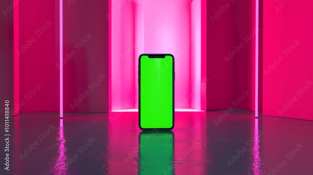 Vibrant smartphone with a glowing green screen against a pink background. Modern tech meets artistic design in this stunning visual. Vibrant smartphone with a glowing green screen against a pink background. Modern tech meets artistic design in this stunning visual.