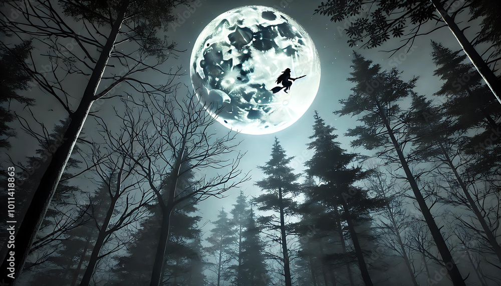 Naklejka premium Realistic Shot of Full Moon Shining Through Trees with Flying Witch, Ample Copy Space