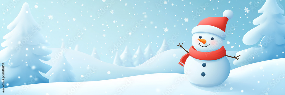 Happy smiling snowman wearing a wool hat and scarf, snow covered landscape, christmas holiday, winter season greeting card, banner Happy smiling snowman wearing a wool hat and scarf, snow covered landscape, christmas holiday, winter season greeting card, banner