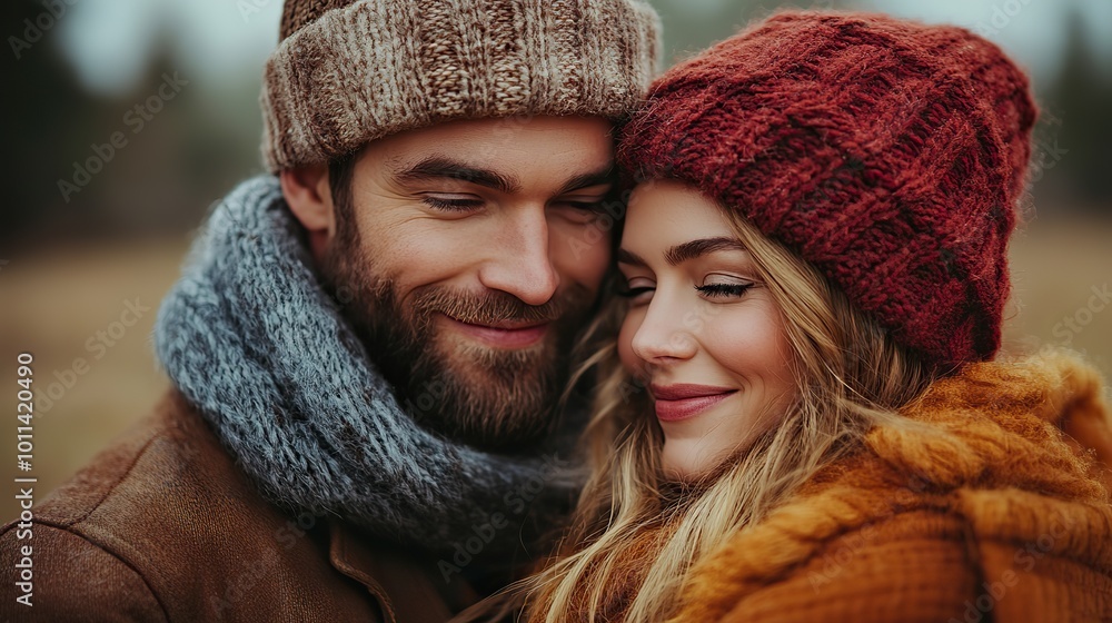 a couple in warm clothing sharing an intimate moment in field symbolizing love ,connection a couple in warm clothing sharing an intimate moment in field symbolizing love ,connection