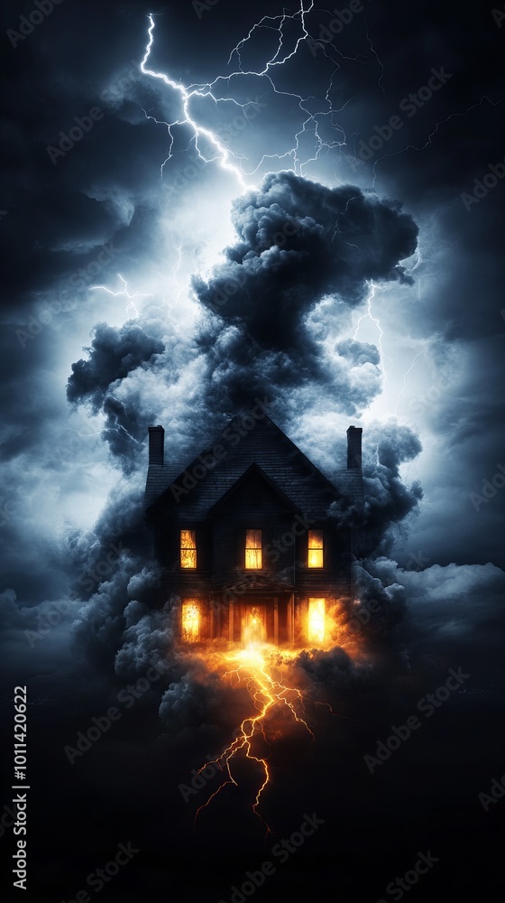 A dark and stormy night with a spooky haunted house in the middle of a lightning strike. A dark and stormy night with a spooky haunted house in the middle of a lightning strike.