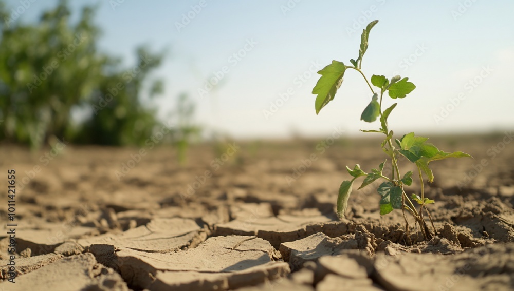 A small plant emerges from cracked, dry soil under a clear sky. A small plant emerges from cracked, dry soil under a clear sky.