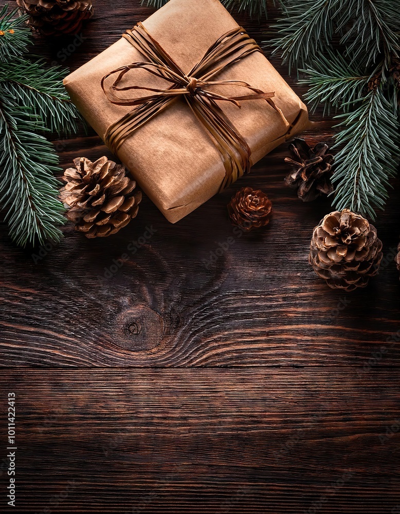 Wrapped Christmas gifts on dark rustic wooden table with pine cones and fir branches Wrapped Christmas gifts on dark rustic wooden table with pine cones and fir branches