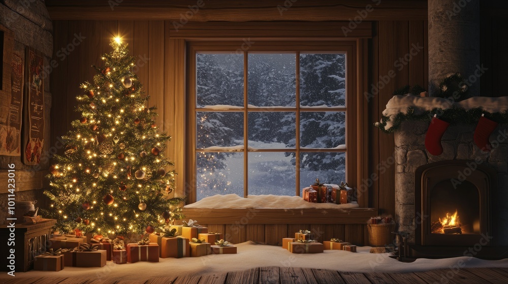 A cozy room with a glowing Christmas tree and gift boxes underneath. Through the window, snow covers the house and the chimney, creating a warm and festive holiday setting. A cozy room with a glowing Christmas tree and gift boxes underneath. Through the window, snow covers the house and the chimney, creating a warm and festive holiday setting.