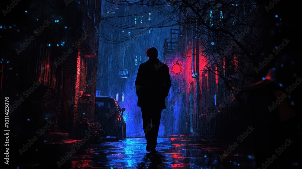 A cartoon character walking down a dark alley, with mysterious shadows following close behind A cartoon character walking down a dark alley, with mysterious shadows following close behind