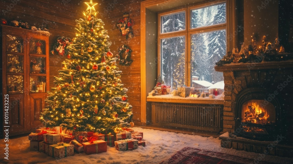 A decorated Christmas tree glows warmly in a living room. Gift boxes are piled underneath, while the snow-covered house outside, complete with a chimney, adds a touch of winter magic. A decorated Christmas tree glows warmly in a living room. Gift boxes are piled underneath, while the snow-covered house outside, complete with a chimney, adds a touch of winter magic.