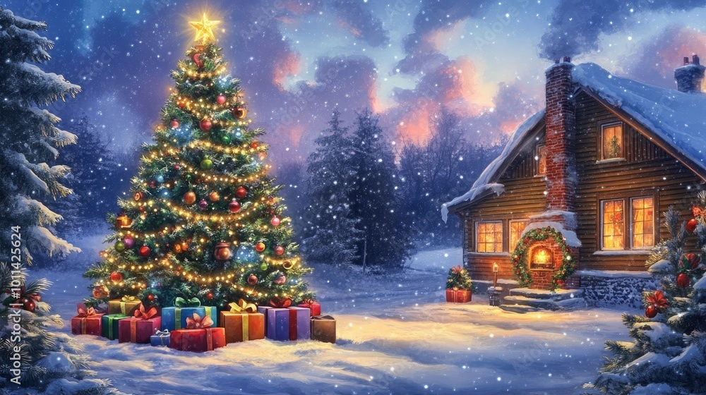 A large, colorful Christmas tree with twinkling lights and gift boxes stands inside. Outside, snow blankets the house and chimney, setting the perfect holiday mood. A large, colorful Christmas tree with twinkling lights and gift boxes stands inside. Outside, snow blankets the house and chimney, setting the perfect holiday mood.