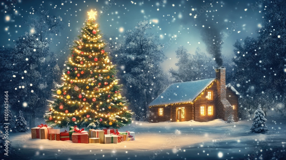 A large, colorful Christmas tree with twinkling lights and gift boxes stands inside. Outside, snow blankets the house and chimney, setting the perfect holiday mood. A large, colorful Christmas tree with twinkling lights and gift boxes stands inside. Outside, snow blankets the house and chimney, setting the perfect holiday mood.